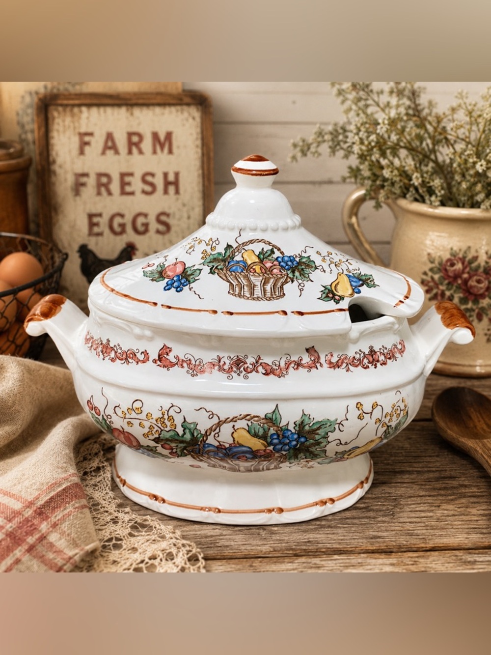 🔍 Vintage Japan Harvest Fruit Basket Ceramic Soup Tureen w/ Lid